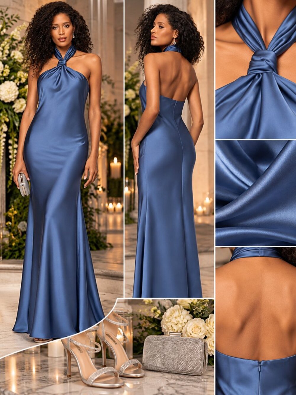 Adrianna Papell Size 4P Blue Satin Halter Open Back Formal Maxi Gown NWT